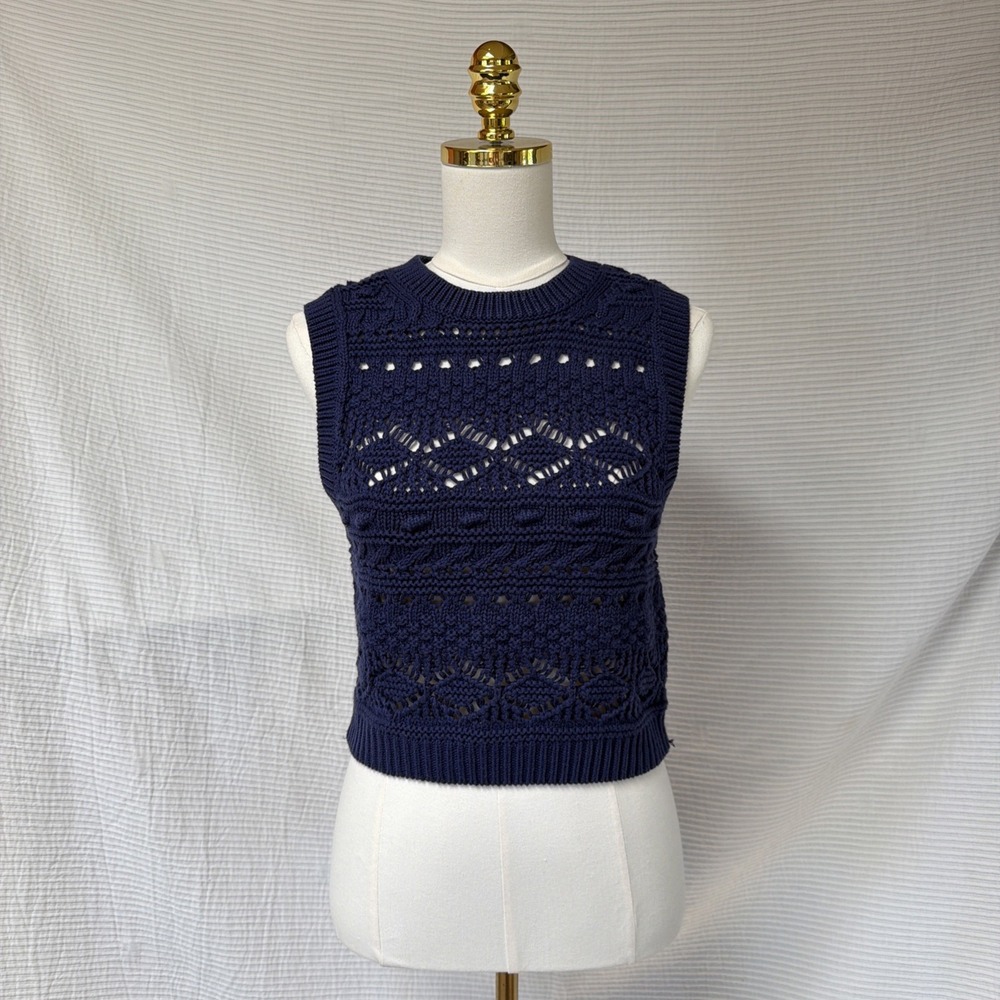 Madewell Women Chunky Crochet Knit Tank Cropped Cotton  Blue S Sleeveless Top